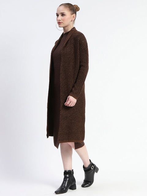 Madame Diagonal Stripe Brown Shrug And Midi Dress Co-Ord Set