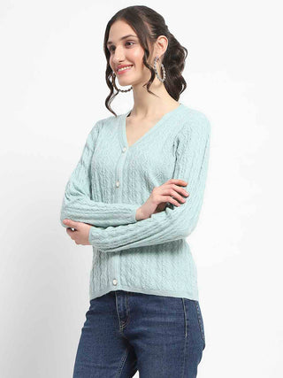 Madame Cable Knit Self Design Solid Mint Green Acrylic Cardigan