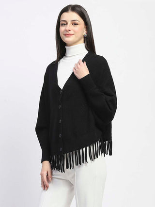 Madame Fringe Detailed Buttoned Solid Black Sweater