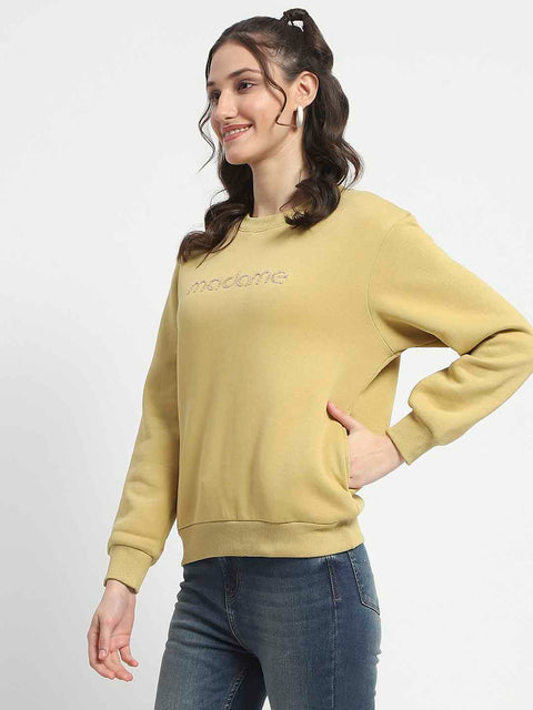 Madame Fleece Handwork And Embroidered Golden Yellow Sweatshirt For Women