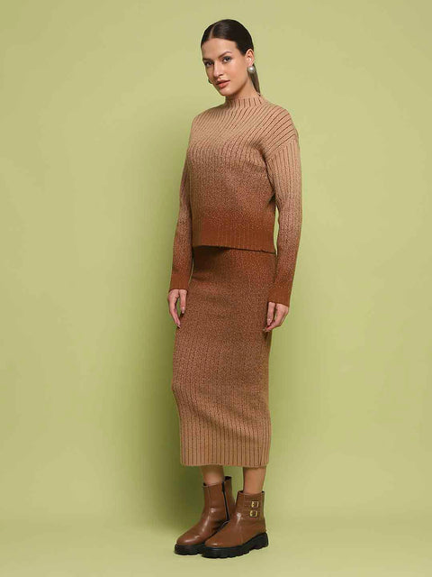 Madame Color Gradient Camel Top and Skirt Ensemble