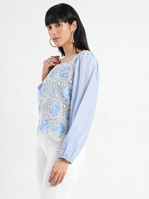Madame Printed Powder Blue Tencel Blend Crochet Top