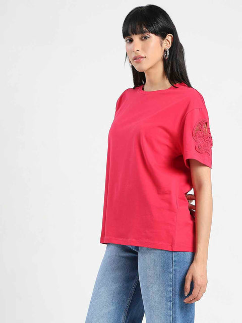 Madame Embroidered Sleeve Solid Red Cotton T-Shirt