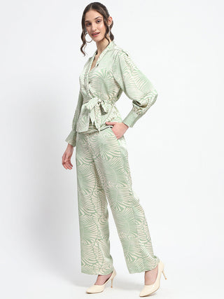 Madame Botanical Print Wrap Top and Bottom Beige Ensemble