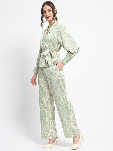 Madame Botanical Print Wrap Top and Bottom Beige Ensemble