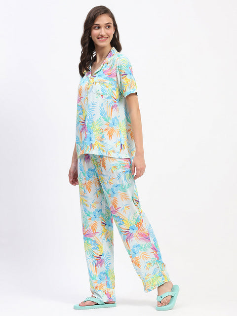 mSECRET Tropical Floral Print Sky Blue Night Suit Set