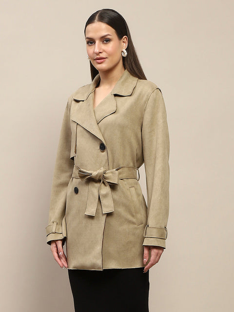 Madame Double Breasted Belted Solid Pista Green Trench Coat