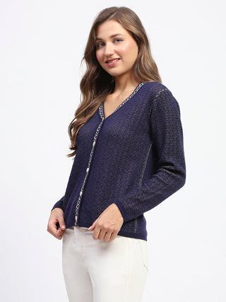 Madame Geometric Pattern V Neck Navy Blue Cardigan