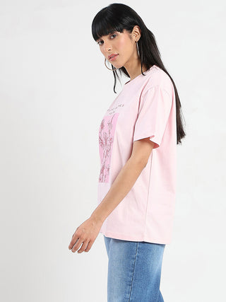 Madame Graphic Foil Print Handwork Detail Pink Cotton T-shirt