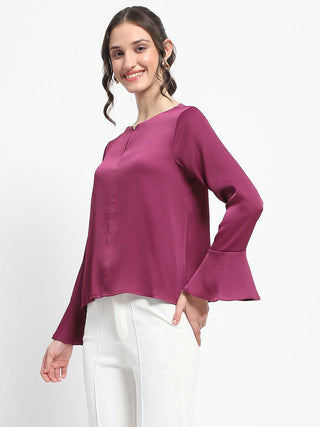 Madame Solid Plum Ruffle Sleeve Satin Top