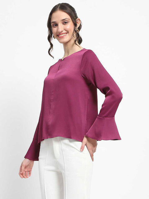 Madame Solid Plum Ruffle Sleeve Satin Top