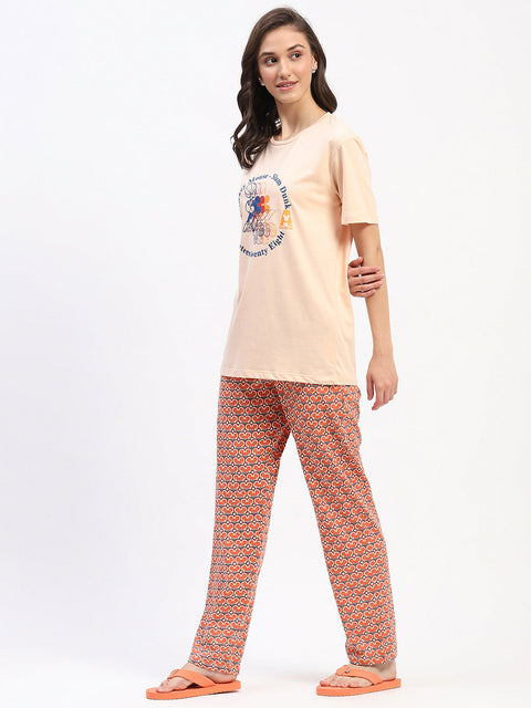 mSECRET Peach Mickey Mouse Graphic Tee and Geometric Print Cotton Nightsuit Set