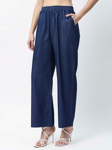 Madame Wide Leg Navy Blue Cotton Blend Trousers