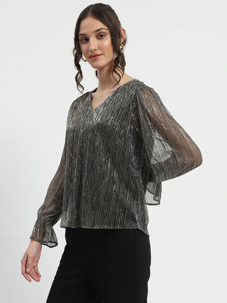 Madame Ruffle Sleeve Black Shimmery Top