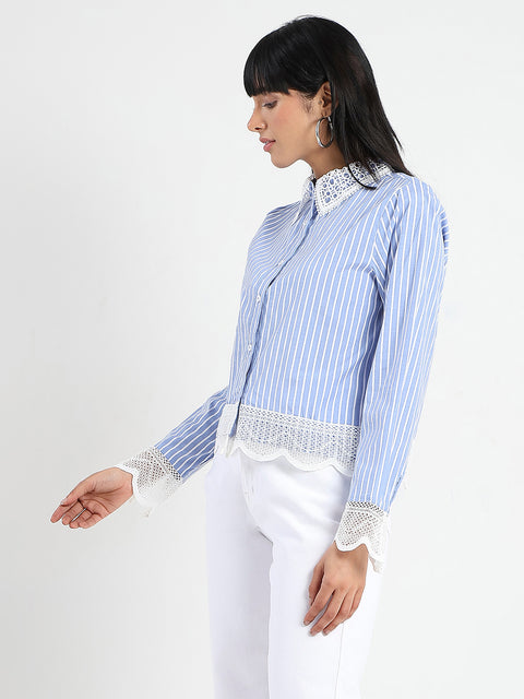Madame Lace Detailed Cotton Blend Striped Blue Shirt
