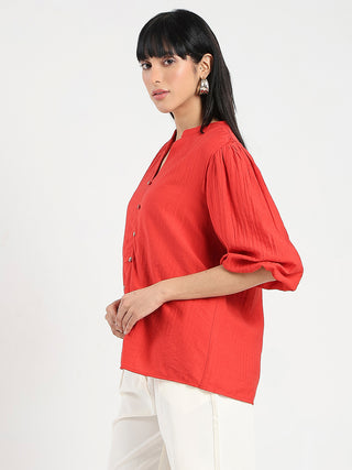 Madame Textured Ruffle Neck Rayon Blend Red Top