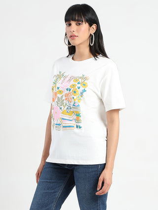 Madame Embroidered and Printed White Cotton T-shirt