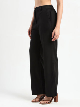 Madame Solid Black Wide Leg Rayon Blend Trousers