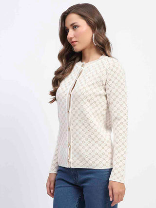 Madame Offwhite Printed Buttoned Cardigan