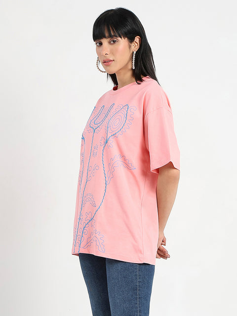 Madame Floral Print Oversize Fit  Peach Cotton T-shirt