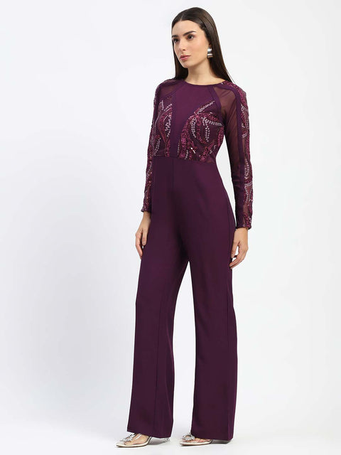Madame Plum Embellished Mesh Wine Jumpsuit with Long Sleeves