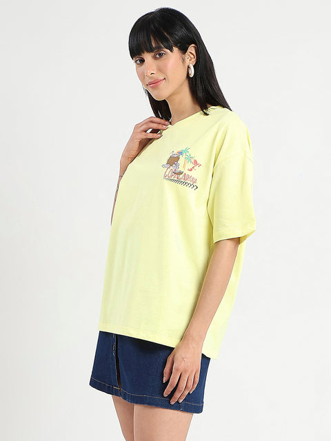 Madame Graphic Print Detailed Yellow Cotton T-shirt