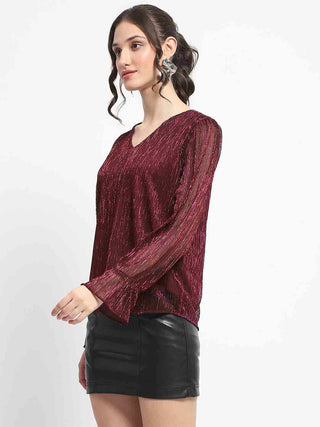 Madame Ruffle Sleeve Plum Shimmery Top