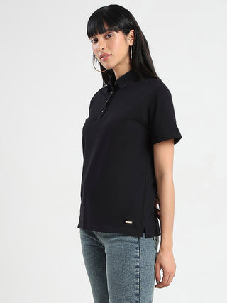 Madame Collared Solid Black Cotton Blend Polo T-Shirt