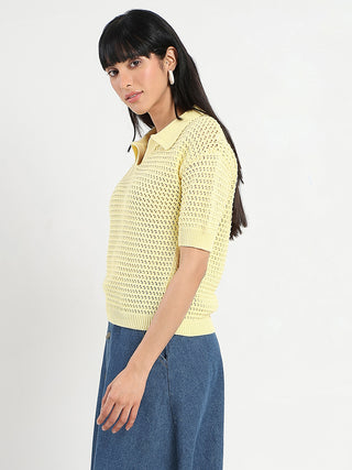 Madame Semi Sheer Yellow Cotton Knitted Top
