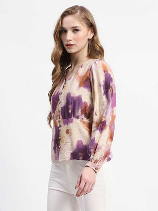 Madame Floral Print Button-Up Nylon Blend Top