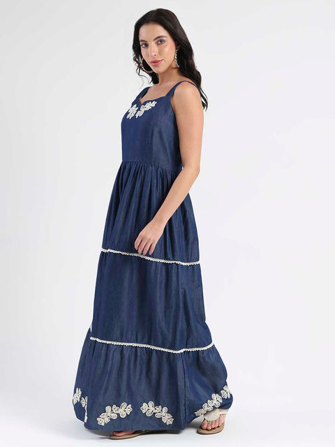 Madame Embroidered Tiered Hem Denim Maxi Dress