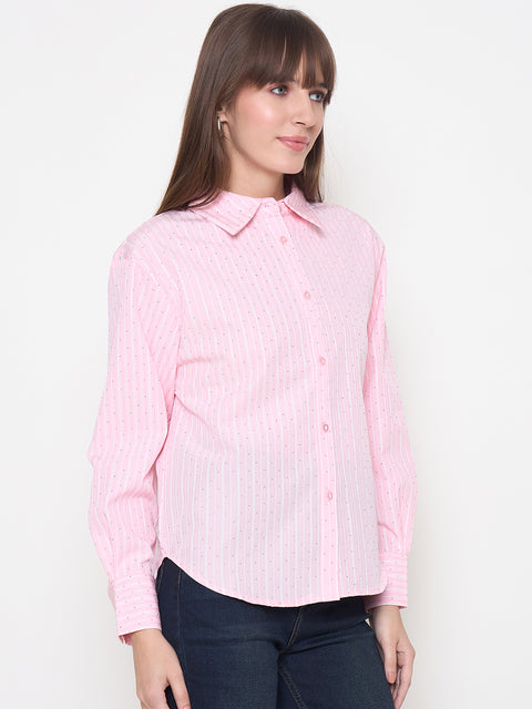 Madame Striped Cuff Sleeve Shirt Collar Pink Shirt