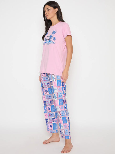 mSECRET Graphic Print Top and Bottom Pink Night Suit