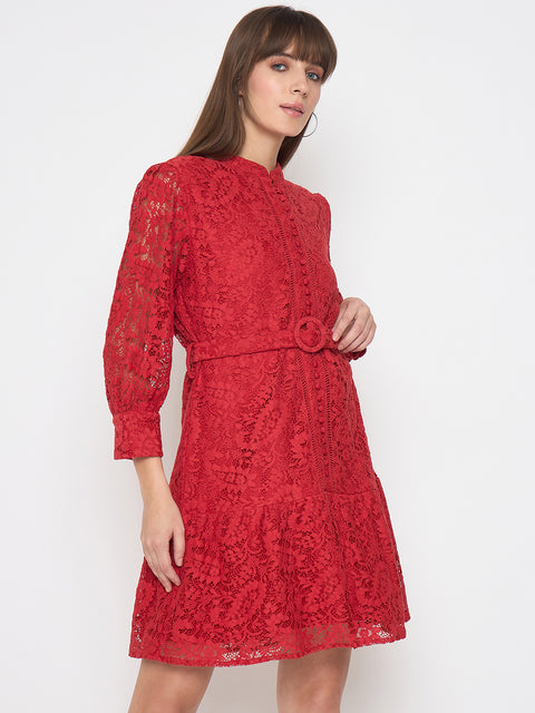 Madame Sheer Embroidered Belted Mini Red Mesh Dress
