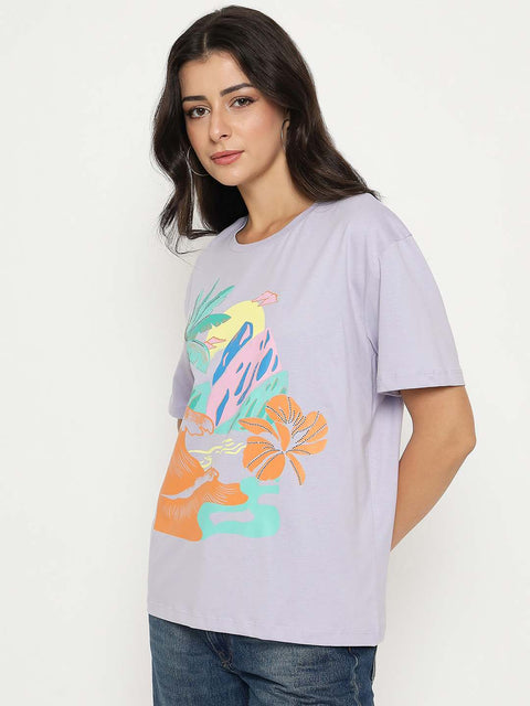 Madame Cotton Tropical Print Mauve T-shirt
