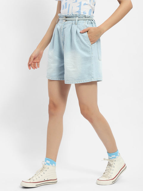 Madame Belted Waist Light Blue Denim Shorts