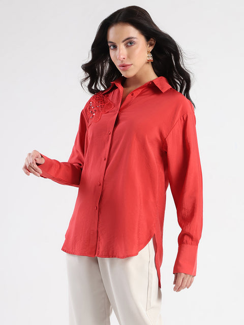 Madame Embellished Patch Red Nylon Blend Shirt