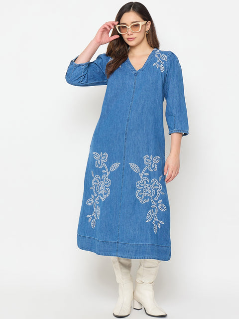 Madame Blue Embroidered Denim Dress