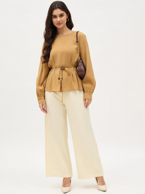 Madame Butter Yellow Solid Trousers With Side Zipper