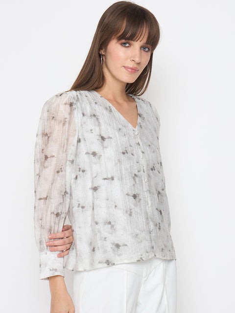 Madame Nylon Printed Embellished Grey Overlapping Top