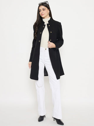 Madame Button Up Solid Black Long Coat