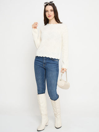 Madame Textured Scalloped Hem Off White Knitted Top