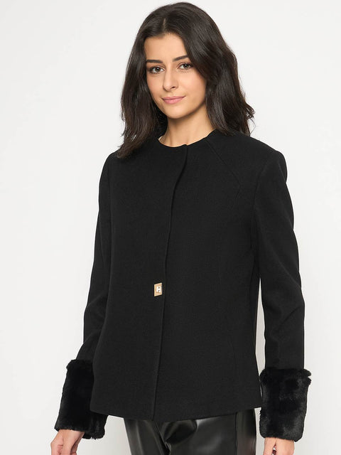 Madame Front Pocketed Round Neck Black Short Coat