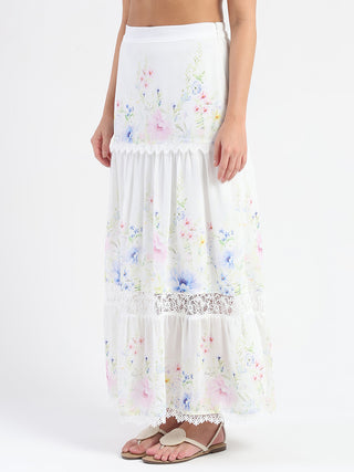Madame Floral Print Tiered White Maxi Skirt