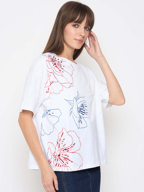Madame Printed Handwork Detail White Sinker T-shirt