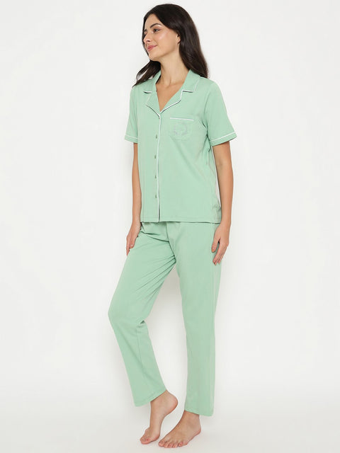 mSECRET Embossed Top and Bottom Mint Green Cotton Night Suit