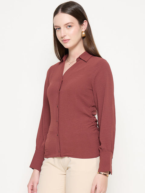 Madame Button Down Wing Necked Side Ruched Solid Brown Shirt