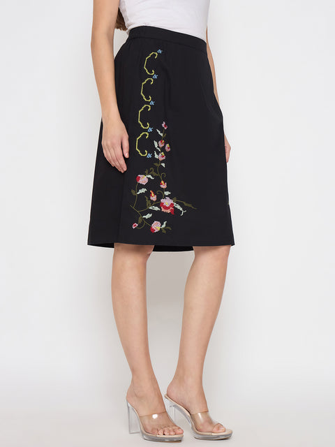 Madame Floral Embroidered Black Cotton Mini Skirt