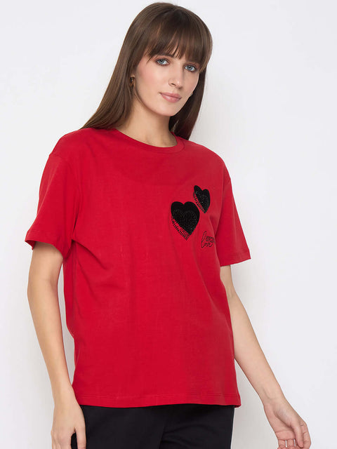 Madame Graphic Print Swarovski Detailed Red T-shirt