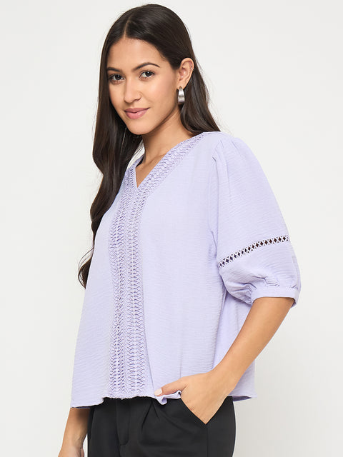 Madame Lace Detailed V-Neck Solid Lilac Knit Top